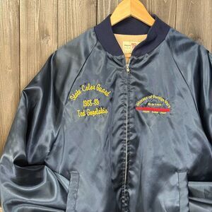 Vintage 80s King Louie VFW Satin Bomber Jacket Navy USA L 44 46 Americana 1980s